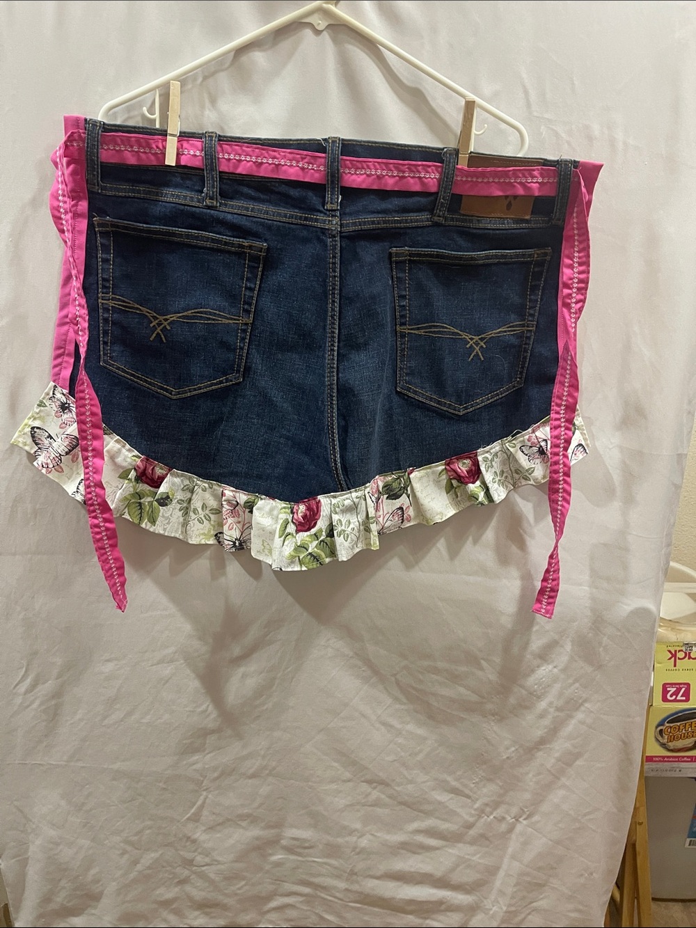 Women's Dark Wash Denim apron with Pink & Floral Trim